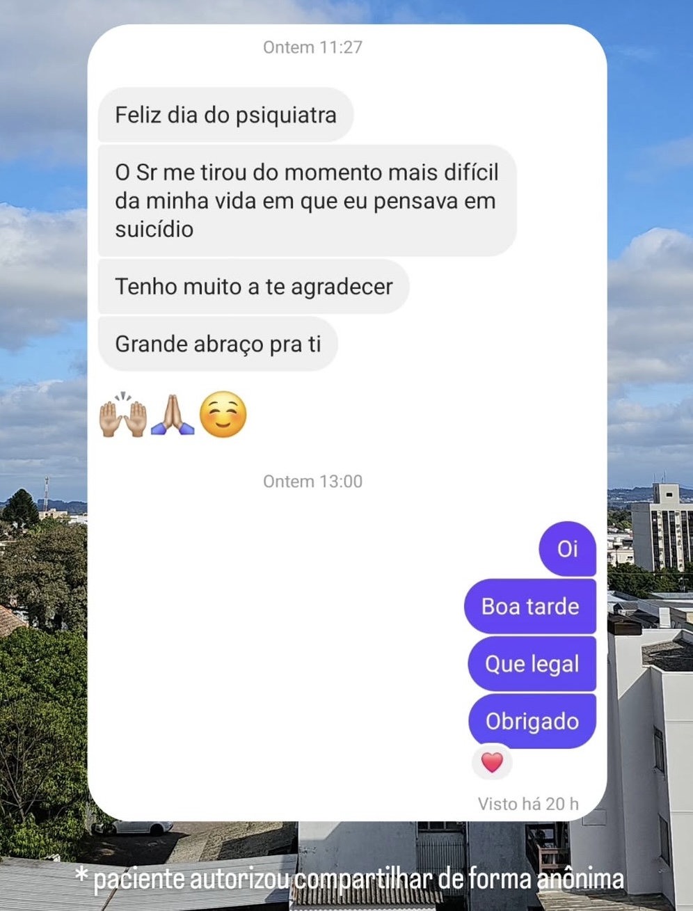 Depoimento de paciente — mensagem no Dia do Psiquiatra