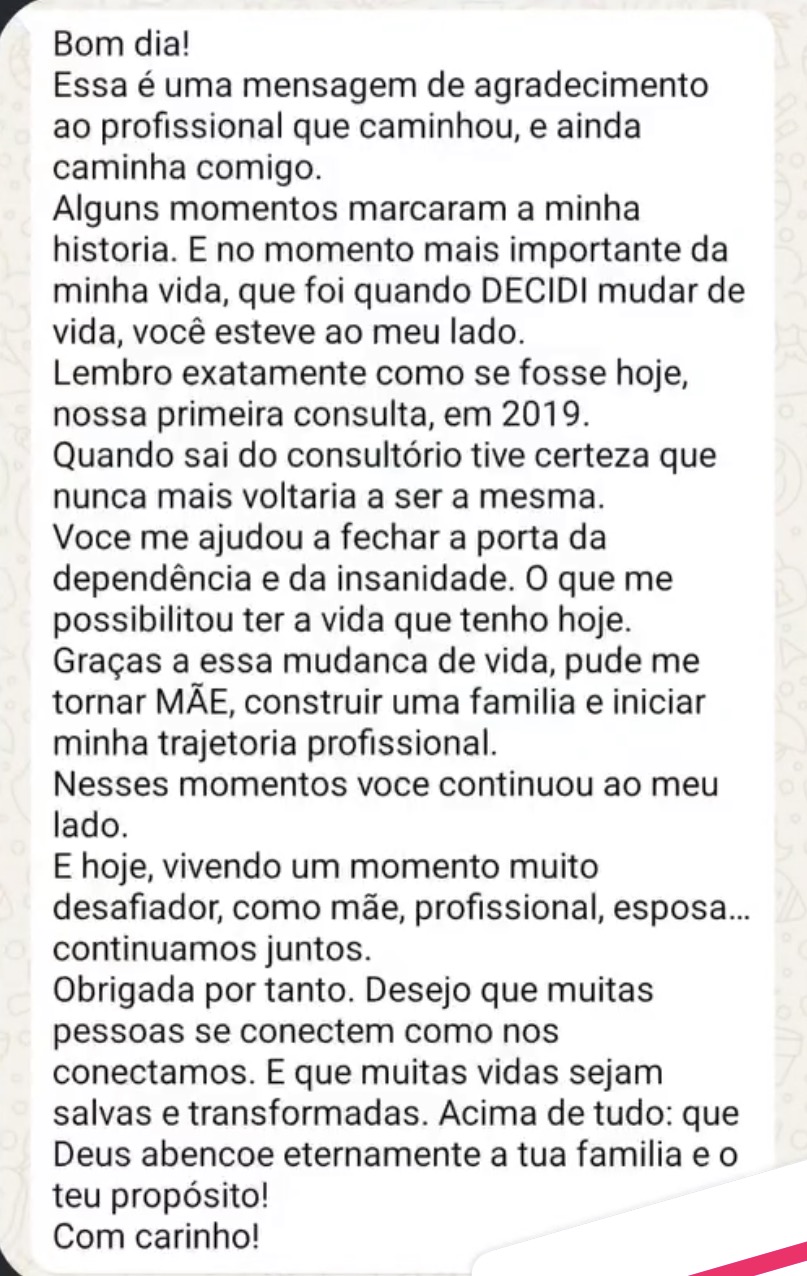Depoimento de paciente sobre recuperação e acompanhamento desde 2019